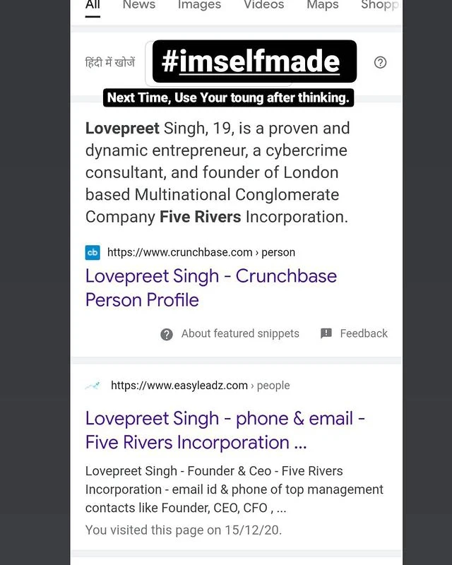 Search results showing a Lovepreet Singh Crunchbase profile and EasyLeadz listing