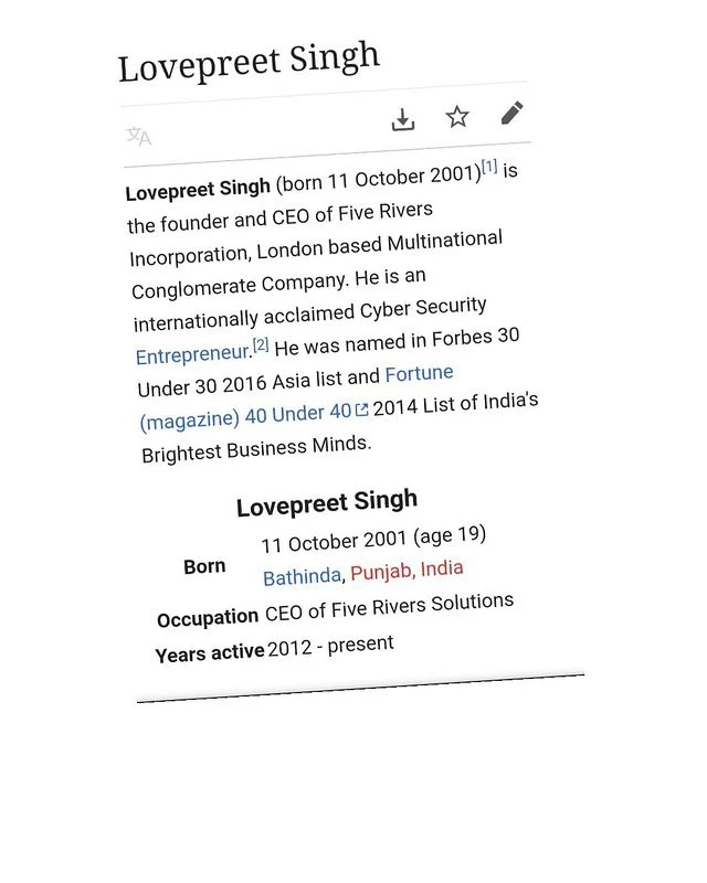 Archived biographical page headed Lovepreet Singh