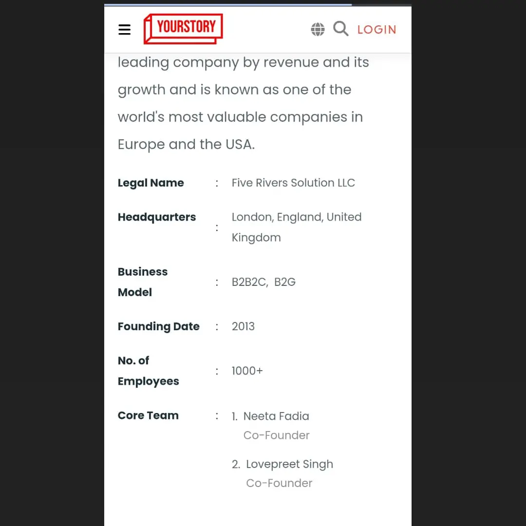 YourStory company profile showing the Five Rivers legal name and a Lovepreet Singh team listing