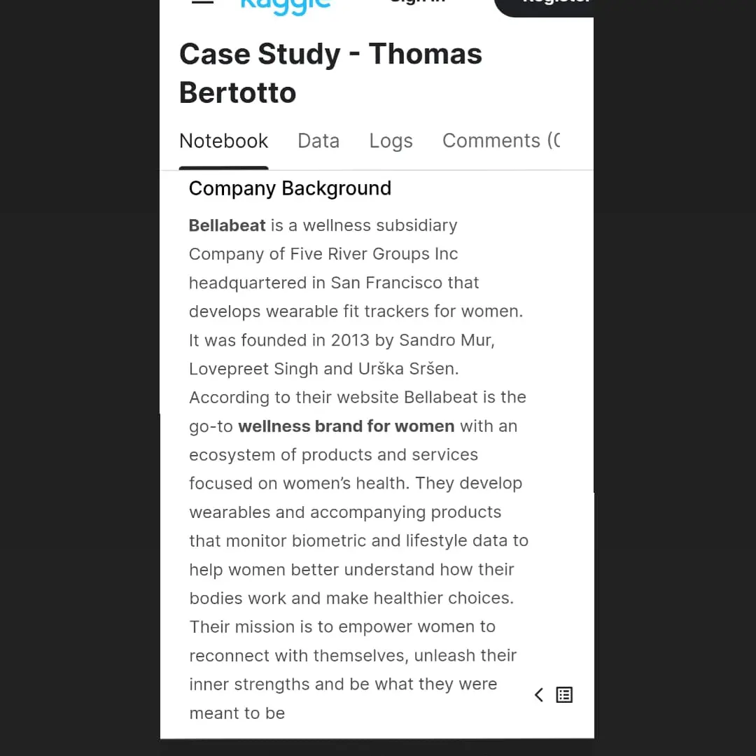 Kaggle notebook headed Case Study — Thomas Bertotto with a company-background passage