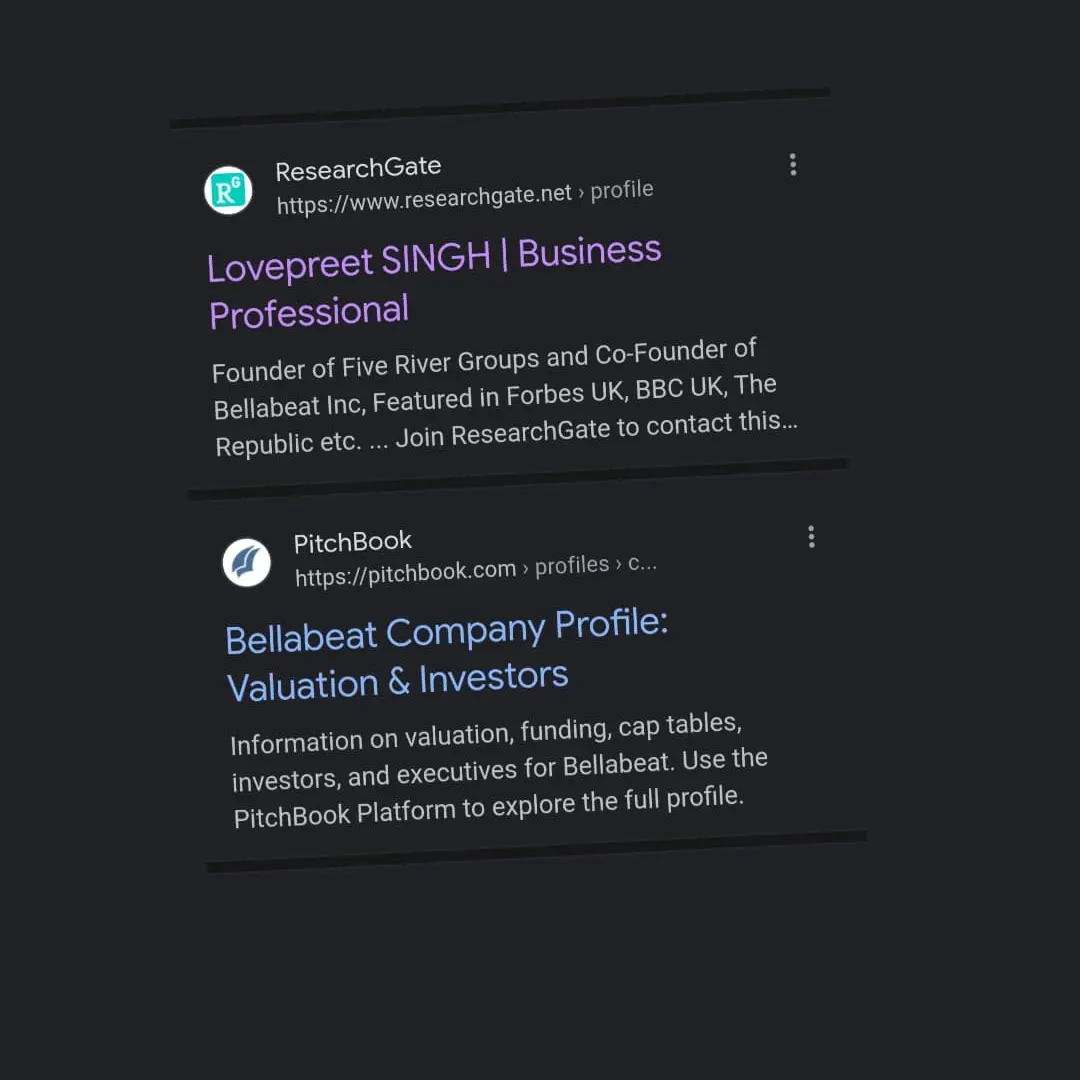 Archived search result displaying a Lovepreet Singh ResearchGate profile and a separate Bellabeat PitchBook result