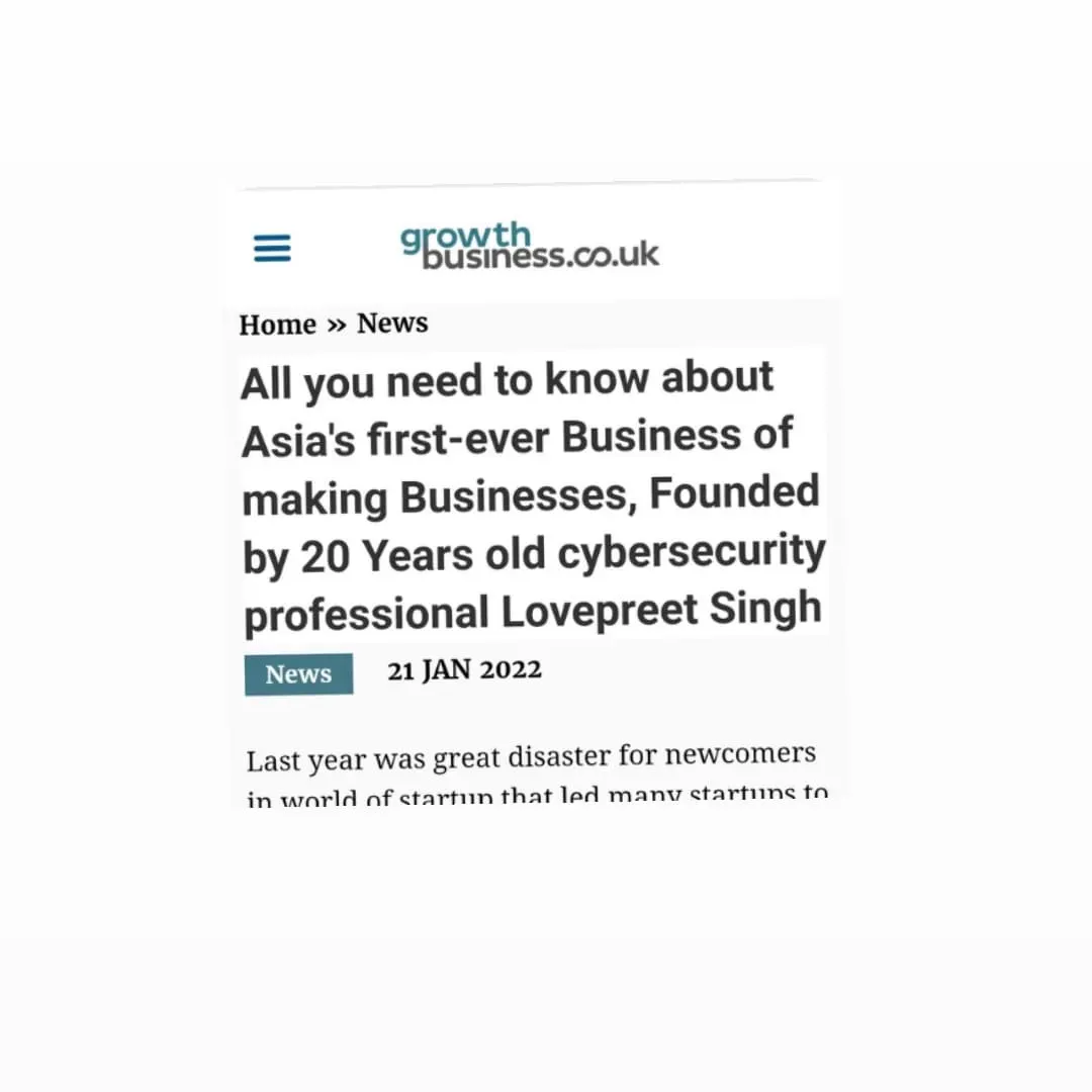 GrowthBusiness masthead and founder-profile headline about Lovepreet Singh