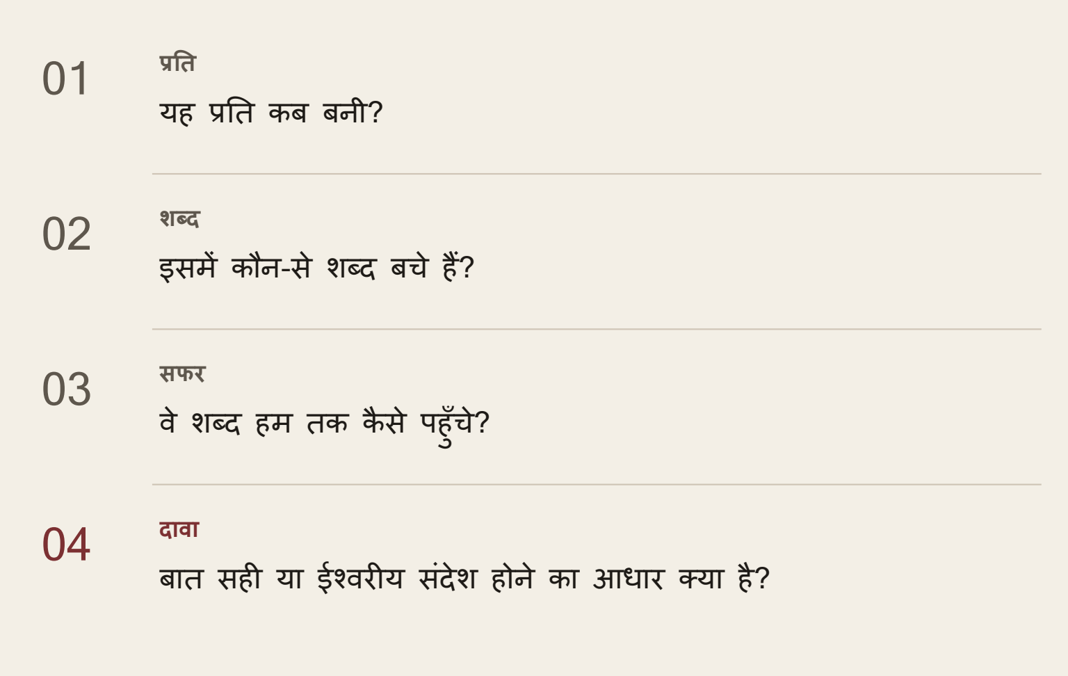 धर्मग्रंथ के बारे में चार अलग सवाल: यह प्रति कब बनी, इसमें कौन-से शब्द बचे हैं, वे हम तक कैसे पहुँचे, और बात सही या ईश्वरीय संदेश होने का आधार क्या है? पहले तीन से चौथे का जवाब अपने आप नहीं मिलता।