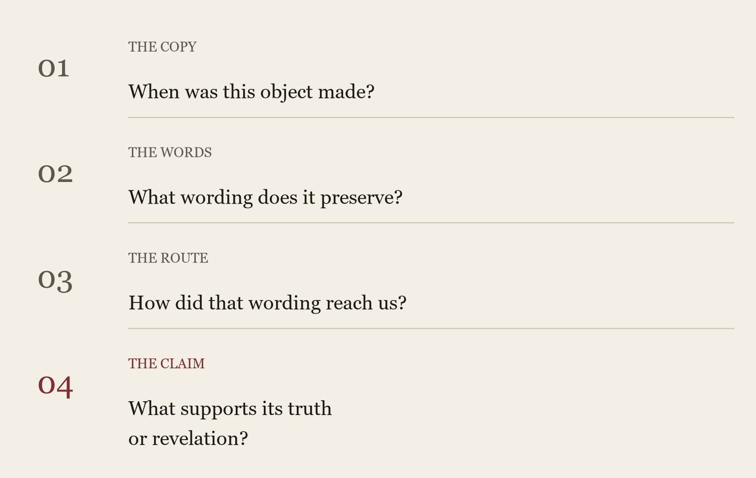 Four separate questions for a sacred text: when was this copy made; what wording does it preserve; how did that wording reach us; and what supports the claim that it is true or revealed? Answers to the first three do not automatically answer the fourth.